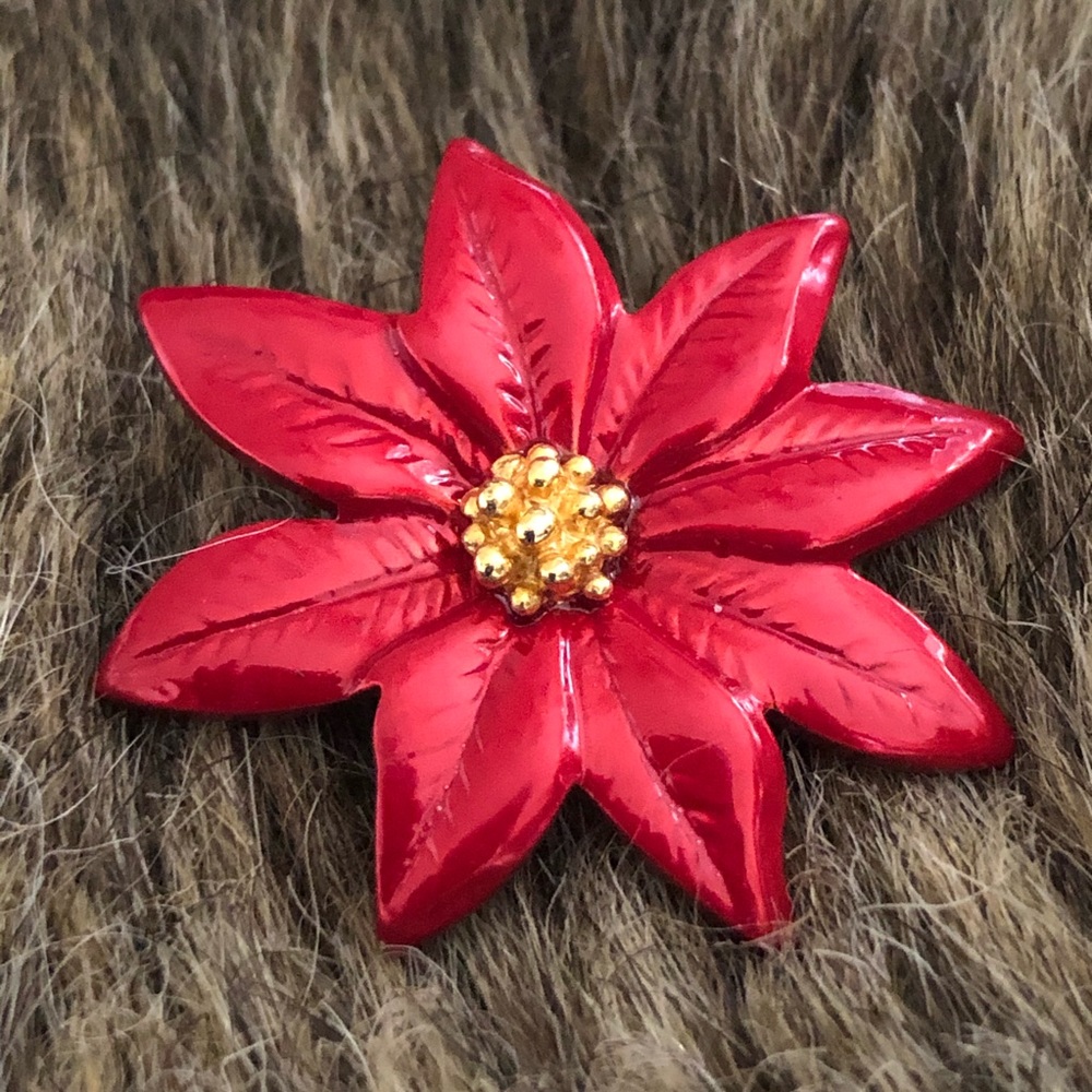 Vintage poinsettia painted metal Tac pin brooch